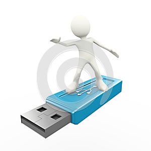 3d man surfing on usb flash drive