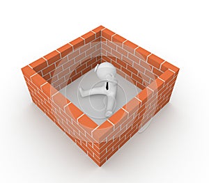 3d man surrounded by the brick wall photo