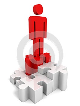 3d man on the top of success puzzle pie chart. achievement career concept