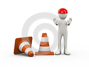 3d man with traffic cone stop gesture pose