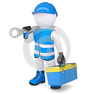 3d man with wrench and tool box