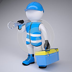 3d man with wrench and tool box