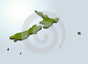 3D map green of New Zealand on white background