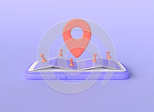 3d map, mobile phone, gps navigation icon and pin in cartoon style. concept of pathfinding or location tracking. 3d rendering photo