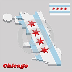 3D map outline and flag of Chicago, the city of Chicago is the most populous city in Illinois, United States of America