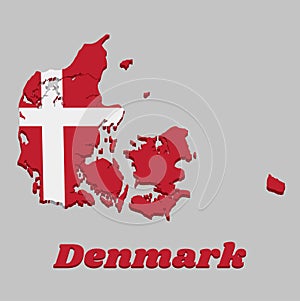 3D Map outline and flag of Denmark, it is red with a white Scandinavian cross that extends to the edges of the flag photo