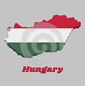 3D Map outline and flag of Hungary, a horizontal tricolor of red white and green photo