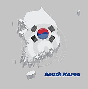 3D Map outline and flag of South Korea, a red and blue Taeguk, symbolizing balance on white and black line photo