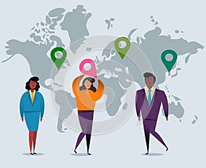 3D map pointers with world map. GPS. Navigator pin green and red color mock up with map