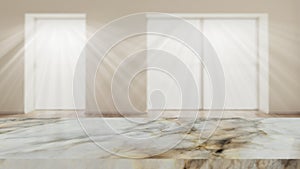 3D marble table against a defocussed room interior photo