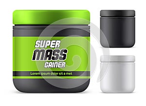 3d mass gainer bottle, realistic protein container photo