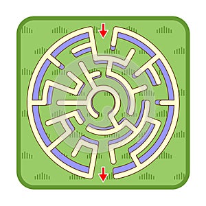 3d maze game top view, circle shaped, green grass background