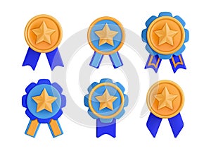 3D medal icon. Quality gold star for certificate or award. Championship reward. Trophy render badge. Customer rating photo