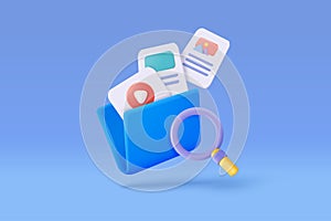 3d media file management concept. Searching image and video files in database. Document management soft, document flow app,
