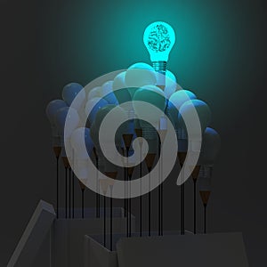 3d metal human brain inside l light bulb