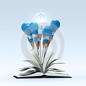 3d metal human brain inside pencil light bulb