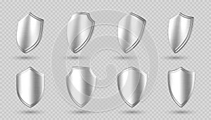 3D metal shields set isolated on transparent background. Icons protection and security. Concept of secure protection. Vector 3d