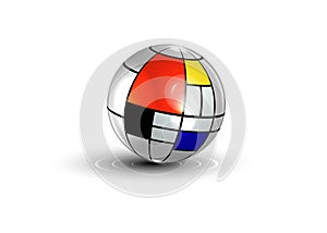 3D metallic ball, sphere and abstract colorful mondrian texture design artwork retro background. Geometric illustration vector photo