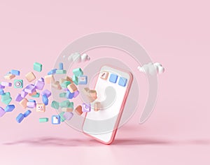 3D Mobile Application development concept. Floating applications to the phone, app coding, user interface design. 3D render