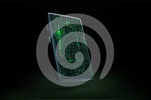 3D mobile phone with binary data stream in matrix style on screen. Abstract sci fi futuristic phone wallpaper mock up