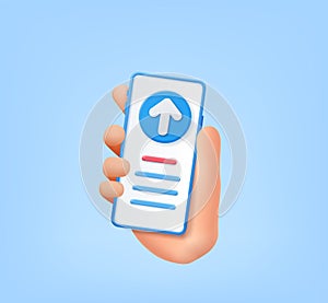 3d mobile phone in hand with upload data to cloud