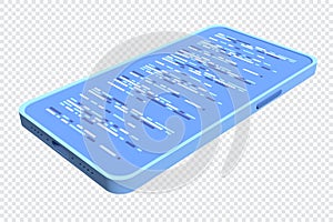 3d mobile phone with syntax code. 3d mobile phone with program code development. 3d render illustration of smartphone. smartphone