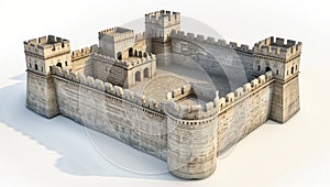3D model of an ancient castle wall, isometric view, white background, no shadow on the ground