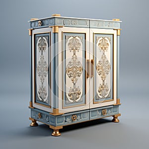 Ornate Blue And Gold Cabinet 3d Model With Biblical Motifs photo