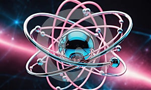 A 3D model of an atom with pink and blue orbitals