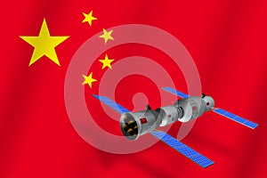3D model of China`s Tiangong-1 space station orbiting the planet Earth with the flag of China in the background photo