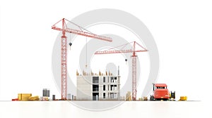 Construction site with cranes, building in progress, and equipment, white background