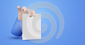 3D model hand holding white paper. Vector illustration