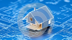 A 3D model of a house blueprint placed on top of a blueprint background symbolizing construction architecture planning design