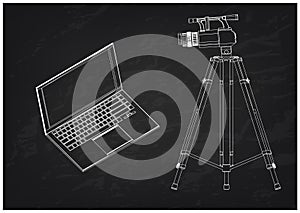 3d model of laptop and camcorder with a tripod