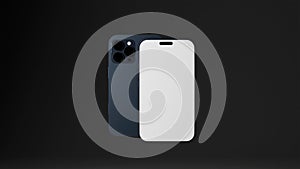 3D model of mobile touch phone back and front with black screen on black background, phone