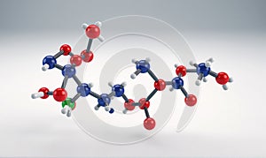 A 3D model of a molecule with red, blue, and green spheres representing atoms