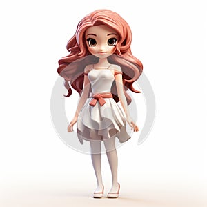 3d Model Of Red Haired Girl In White Dress - Cartoon Style