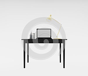 Workplace with computer and desk lamp