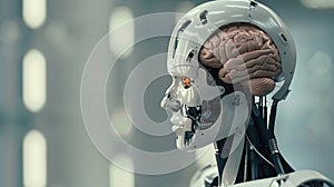 A 3D model of a robot with a human brain inside blurring the lines between artificial and biological intelligence