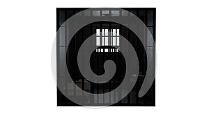 3D model of a solitary prison cell behind bars with a bed and a table and a window with light