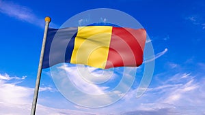 3d model of a waving Romania flag. Blue sky background
