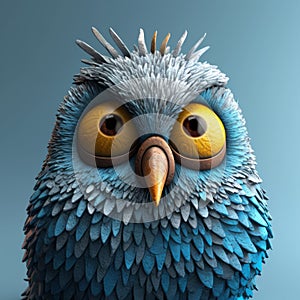 Cute Grey Owl Figurine With Blue Feathers - 3d Rendering