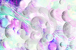 3D modeling multicolors bubbles. Colorful blue, pink, mint and purple background. Artistic strikes. Rays of light.