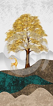 3d modern art mural wallpaper with dark blue Jungle, forest dark blue background christmas golden tree, golden deer,