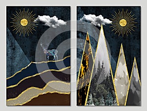 3d modern art wall frame, night landscape with blue, gray, and turquoise marble. golden sun, trees, and gold waves.