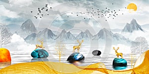 3d modern canvas art mural wallpaper landscape lake background . golden deer, christmas tree , gray mountain , sun with clouds an