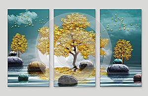 3d modern canvas art mural wallpaper landscape lake background. moon in water and golden christmas tree,  gray mountain, sun with