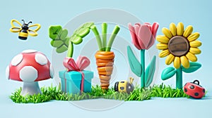 3D modern cartoon icon set of springtime items. Ladybug, gift box, bee, carrot, magnolia flower, green grass, chamomile