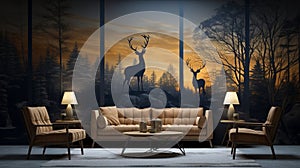 3D modern interior mural painting wall art decor wall behind the luxuary sofa roomGolden with dark blue forest trees, deers, birds