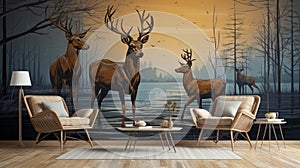 3D modern interior mural painting wall art decor wall in front of the rest chairsGolden with dark blue forest trees, deers, birds